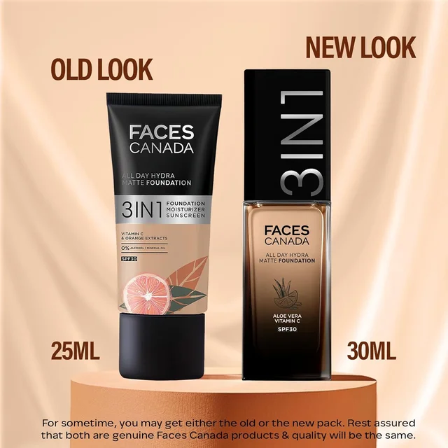 Faces Canada All Day Hydra Matte Liquid Foundation 30ml, Medium Natural 022 | 3-in-1 Foundation + Moisturizer + SPF 30 | Aloe Hydration, Vitamin C, 10Hr Long Wear Coverage