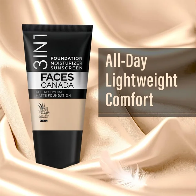 Faces Canada All Day Hydra Matte Liquid Foundation 18ml, Absolute Ivory 012 | 3-in-1 Foundation + Moisturizer + SPF 30 | Aloe Hydration, Vitamin C, 10Hr Long Wear Coverage