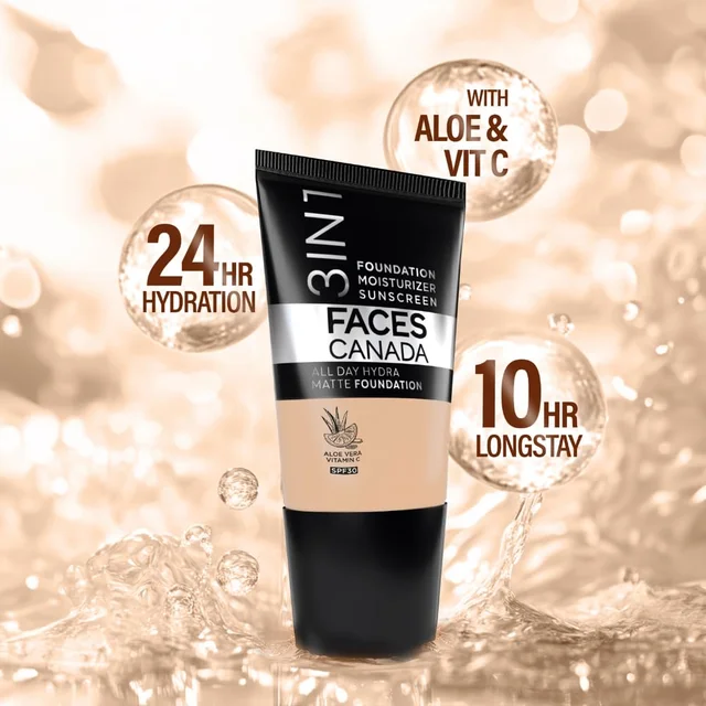 Faces Canada All Day Hydra Matte Liquid Foundation 18ml, Absolute Ivory 012 | 3-in-1 Foundation + Moisturizer + SPF 30 | Aloe Hydration, Vitamin C, 10Hr Long Wear Coverage