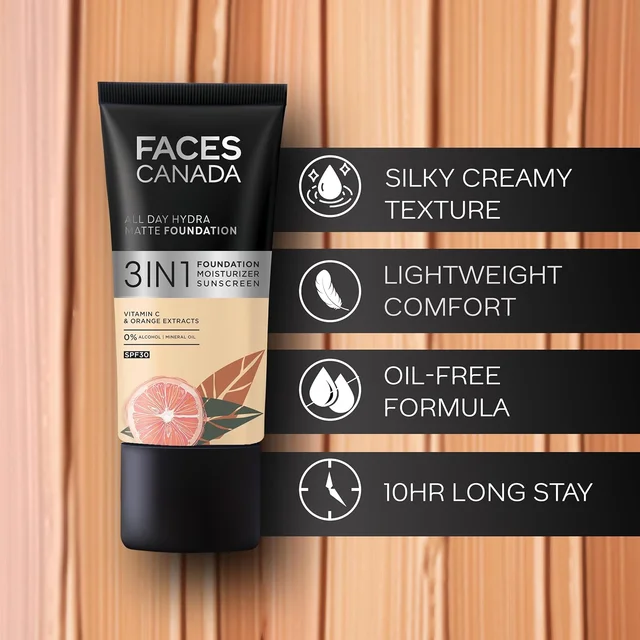 Faces Canada All Day Hydra Matte Liquid Foundation 30ml, Rose Ivory 011 | 3-in-1 Foundation + Moisturizer + SPF 30 | Aloe Hydration, Vitamin C, 10Hr Long Wear Coverage