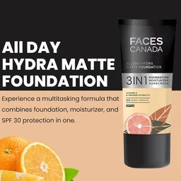 Faces Canada All Day Hydra Matte Liquid Foundation 30ml, Absolute Ivory 012 | 3-in-1 Foundation + Moisturizer + SPF 30 | Aloe Hydration, Vitamin C, 10Hr Long Wear Coverage
