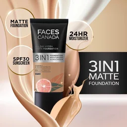 Faces Canada All Day Hydra Matte Liquid Foundation 30ml, Absolute Ivory 012 | 3-in-1 Foundation + Moisturizer + SPF 30 | Aloe Hydration, Vitamin C, 10Hr Long Wear Coverage