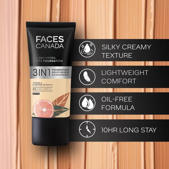 Faces Canada All Day Hydra Matte Liquid Foundation 30ml, Absolute Ivory 012 | 3-in-1 Foundation + Moisturizer + SPF 30 | Aloe Hydration, Vitamin C, 10Hr Long Wear Coverage