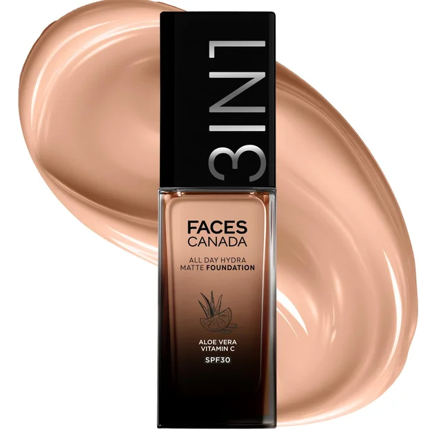 Faces Canada All Day Hydra Matte Liquid Foundation 30ml, Golden Beige 032 | 3-in-1 Foundation + Moisturizer + SPF 30 | Aloe Hydration, Vitamin C, 10Hr Long Wear Coverage