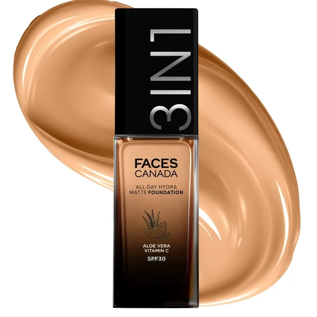 Faces Canada Cream All Day Hydra Matte Foundation 30ml, Caramel Natural 023 | 3-in-1 Foundation + Moisturizer + SPF 30 | Aloe Hydration, Vitamin C, 10Hr Long Wear Coverage