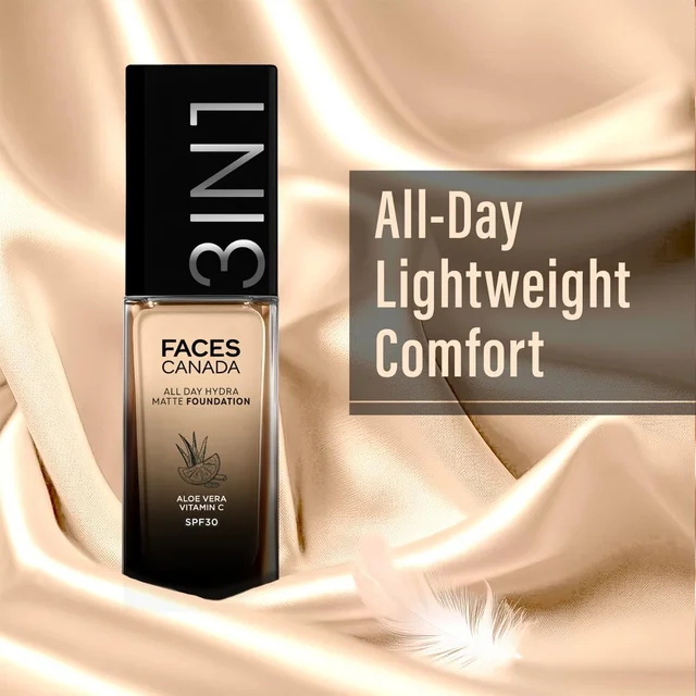 Faces Canada Cream All Day Hydra Matte Foundation 30ml, Caramel Natural 023 | 3-in-1 Foundation + Moisturizer + SPF 30 | Aloe Hydration, Vitamin C, 10Hr Long Wear Coverage