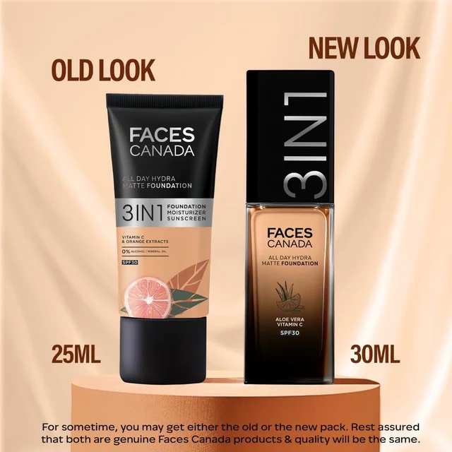 Faces Canada Cream All Day Hydra Matte Foundation 30ml, Caramel Natural 023 | 3-in-1 Foundation + Moisturizer + SPF 30 | Aloe Hydration, Vitamin C, 10Hr Long Wear Coverage