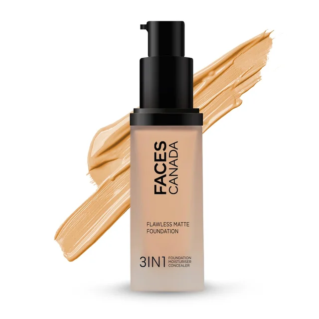 Faces Canada Flawless Matte Foundation Caramel Natural 023 Shade 30ml | 3-in-1 Foundation, Moisturizer & Concealer | SPF 18 | 12Hr Hydration | HD Matte Coverage | Lightweight Anti-Ageing