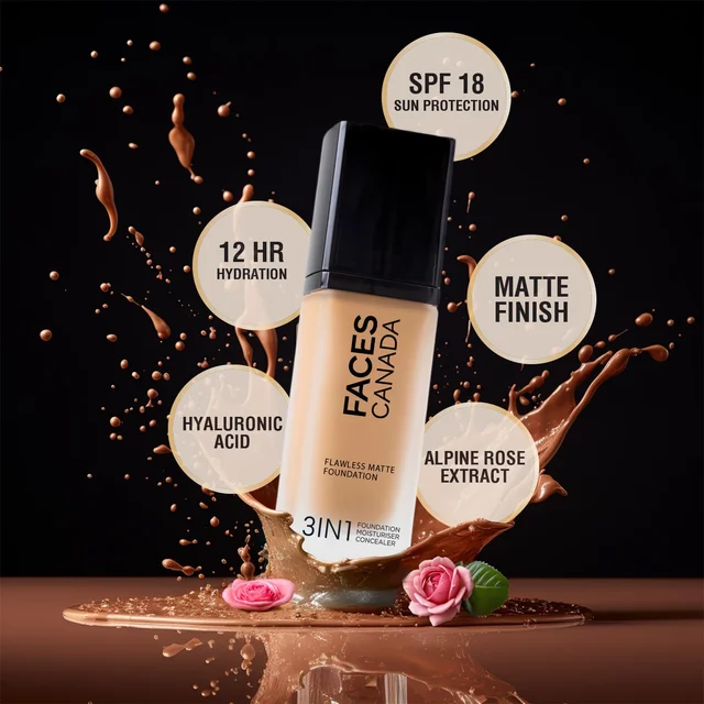 Faces Canada Flawless Matte Foundation Absolute Ivory 012 Shade 30ml | 3-in-1 Foundation, Moisturizer & Concealer | SPF 18 | 12Hr Hydration | HD Matte Coverage | Lightweight Anti-Ageing