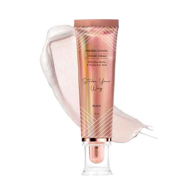 Faces Canada Strobe Cream 30ml Peach | Primer + Highlighter + Moisturizer | With Shea Butter & Hyaluronic Acid | Intense Hydration | Radiant Dewy Glow