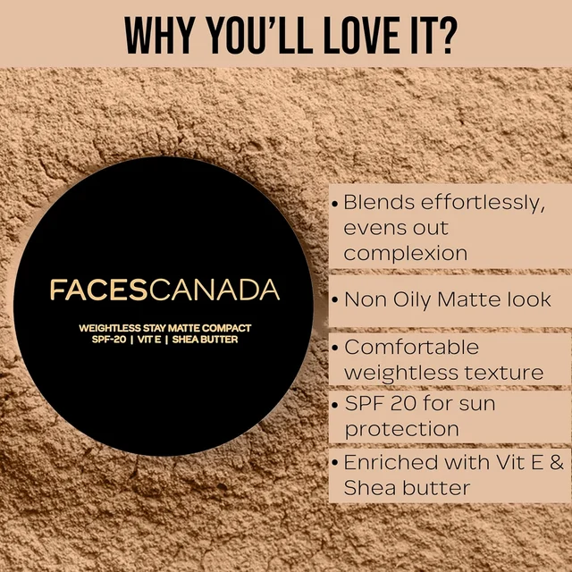 Faces Canada Weightless Stay Matte Finish Compact Powder 9g Beige Shade | Non-Oily Matte Look | Evens Skin Tone | Hides Imperfections | Smooth Blend | All Skin Types