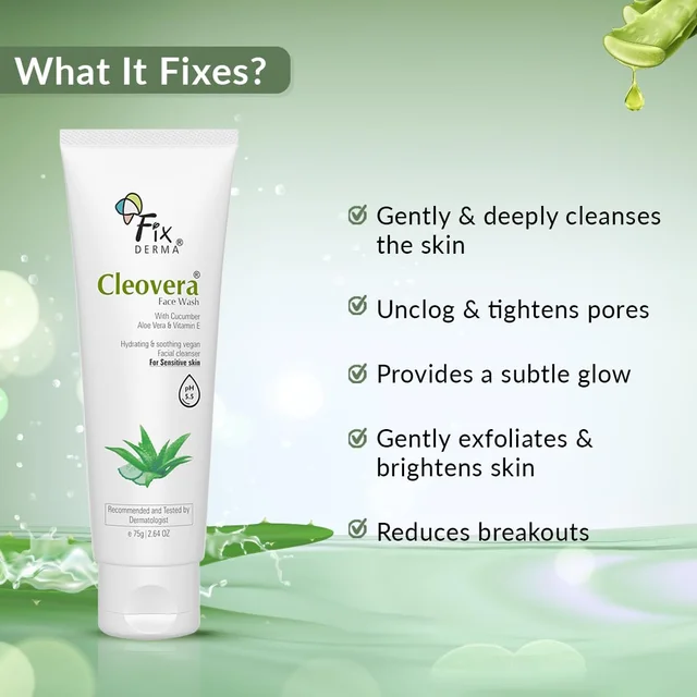 Fixderma Cleovera Aloe Vera Face Wash 75g | Gentle Face Cleanser with Aloe Vera & Vitamin E | Hydrates, Soothes & Nourishes SkinFor Dry Skin & All Skin Types | Men & Women