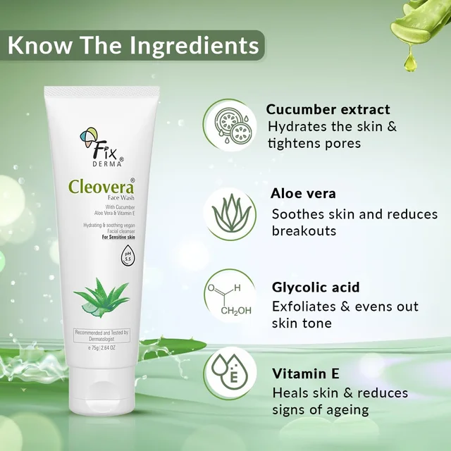 Fixderma Cleovera Aloe Vera Face Wash 75g | Gentle Face Cleanser with Aloe Vera & Vitamin E | Hydrates, Soothes & Nourishes SkinFor Dry Skin & All Skin Types | Men & Women