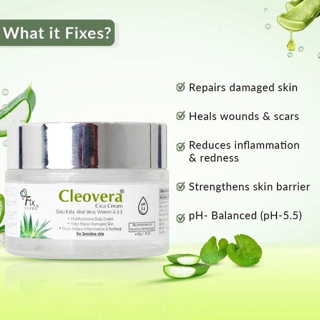 Fixderma Cleovera Cica Cream 50g | Gotu Kola, Aloe Vera, Vitamin A & E | Repairs Damaged Skin, Calms Irritation, Nourishes Dry & Sensitive Skin | Daily Barrier Strengthening Cream