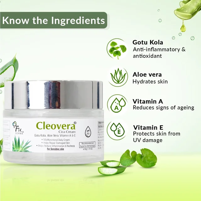 Fixderma Cleovera Cica Cream 50g | Gotu Kola, Aloe Vera, Vitamin A & E | Repairs Damaged Skin, Calms Irritation, Nourishes Dry & Sensitive Skin | Daily Barrier Strengthening Cream
