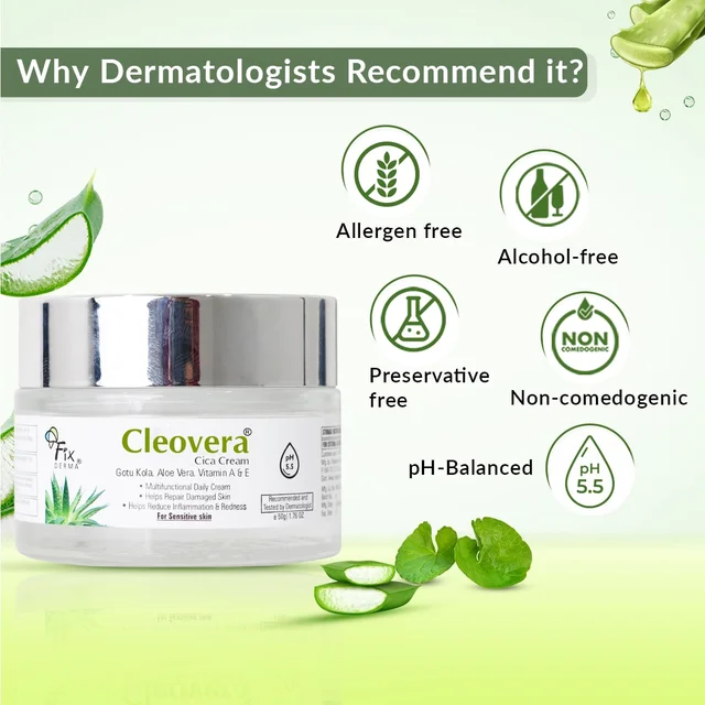 Fixderma Cleovera Cica Cream 50g | Gotu Kola, Aloe Vera, Vitamin A & E | Repairs Damaged Skin, Calms Irritation, Nourishes Dry & Sensitive Skin | Daily Barrier Strengthening Cream