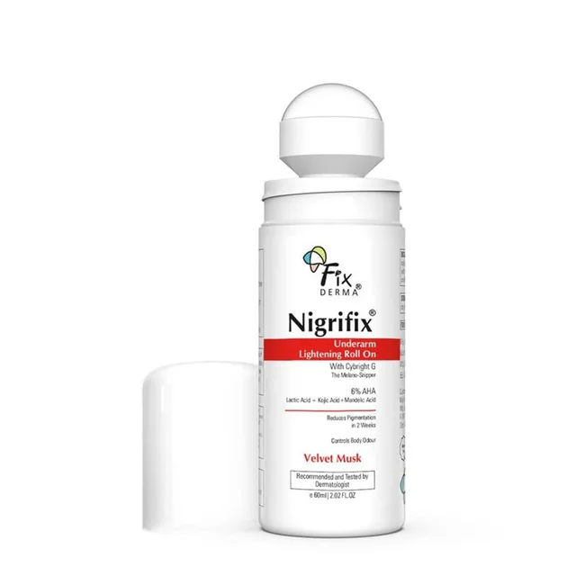 Fixderma Nigrifix Underarm Velvet Musk Roll On 60ml with 6% AHA, Lactic Acid, 1% Mandelic Acid & Kojic Acid | Brightens, Exfoliates & Smoothens Dark Underarms | Sensitive Skin Safe