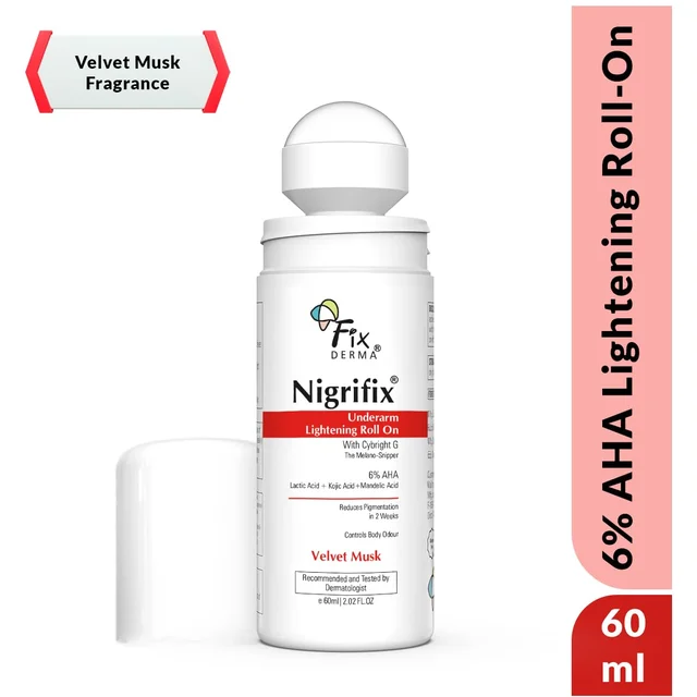 Fixderma Nigrifix Underarm Velvet Musk Roll On 60ml with 6% AHA, Lactic Acid, 1% Mandelic Acid & Kojic Acid | Brightens, Exfoliates & Smoothens Dark Underarms | Sensitive Skin Safe