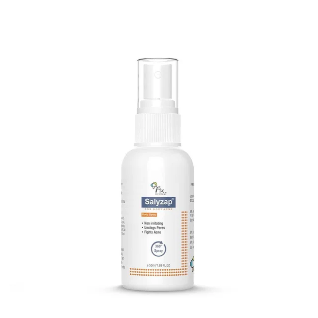 Fixderma Salyzap 2% Salicylic Acid Body Acne Spray For Men & Women 50ml | Targets Back, Shoulder, Neck & Chest Acne | Controls Breakouts, Clears Clogged Pores & Improves Texture