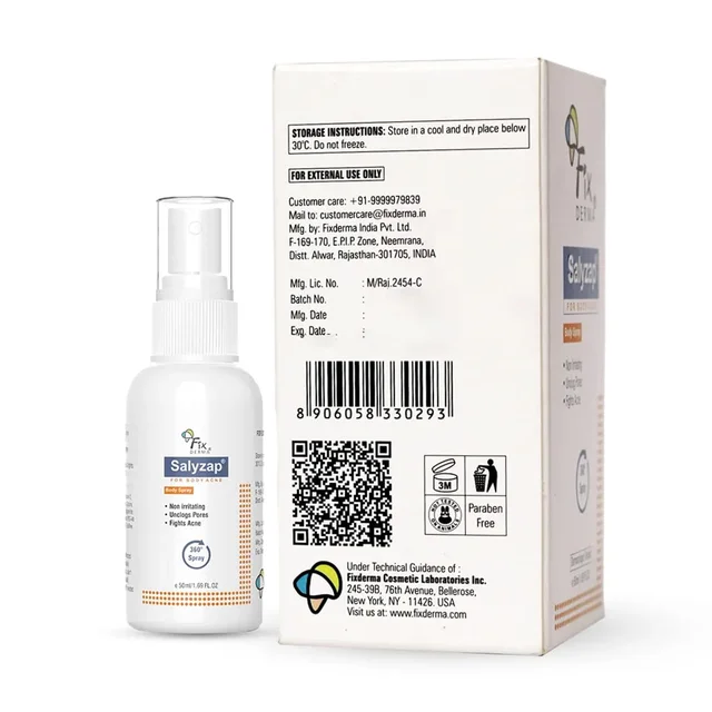 Fixderma Salyzap 2% Salicylic Acid Body Acne Spray For Men & Women 50ml | Targets Back, Shoulder, Neck & Chest Acne | Controls Breakouts, Clears Clogged Pores & Improves Texture