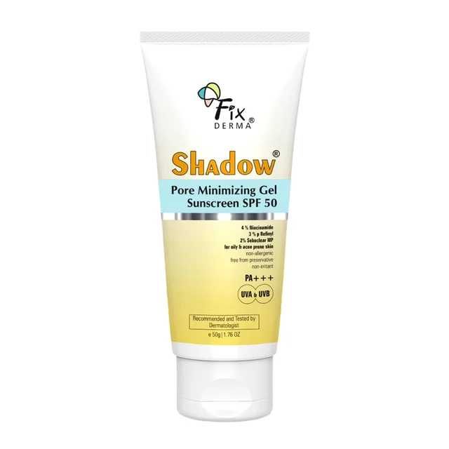 Fixderma Shadow Pore Minimizing Gel Sunscreen 50gm with SPF 50 PA+++ with 4% Niacinamide | Lightweight Non Greasy Sunscreen for Oily & Acne Prone Skin | No White Cast