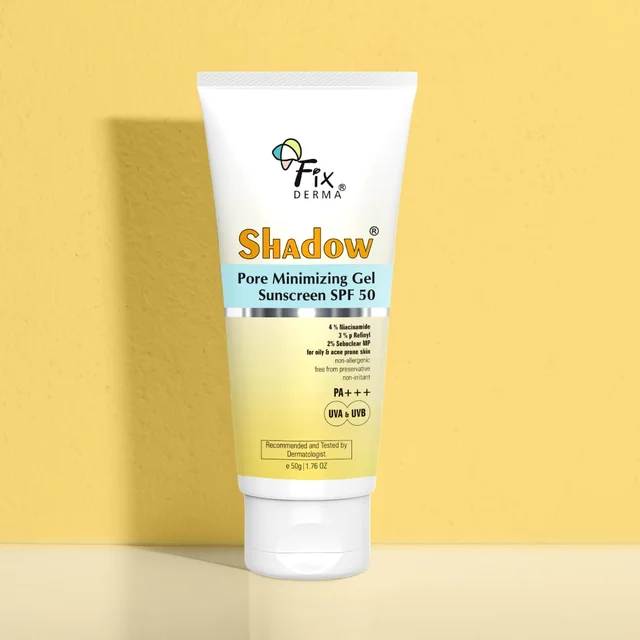 Fixderma Shadow Pore Minimizing Gel Sunscreen 50gm with SPF 50 PA+++ with 4% Niacinamide | Lightweight Non Greasy Sunscreen for Oily & Acne Prone Skin | No White Cast