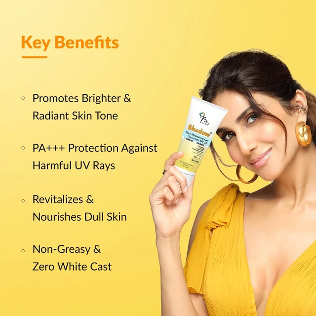 Fixderma Shadow Pore Minimizing Gel Sunscreen 50gm with SPF 50 PA+++ with 4% Niacinamide | Lightweight Non Greasy Sunscreen for Oily & Acne Prone Skin | No White Cast
