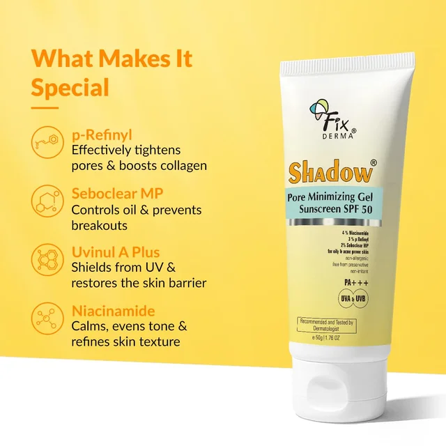 Fixderma Shadow Pore Minimizing Gel Sunscreen 50gm with SPF 50 PA+++ with 4% Niacinamide | Lightweight Non Greasy Sunscreen for Oily & Acne Prone Skin | No White Cast