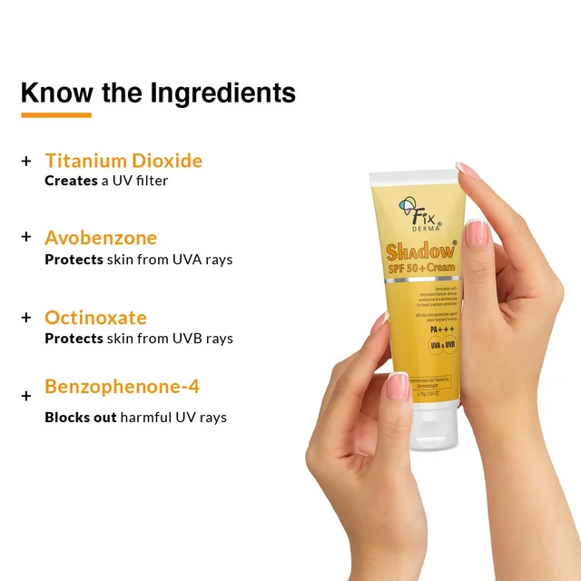 Fixderma Shadow SPF 50+ Cream PA+++ | Hydrating Sun Protection for Dry Skin | for Smooth, Radiant Skin | Broad-Spectrum Sun Defense | Non-Greasy, Moisturizing Sunscreen | Sunscreen For UVA & UVB Protection | Water Resistant-75gm