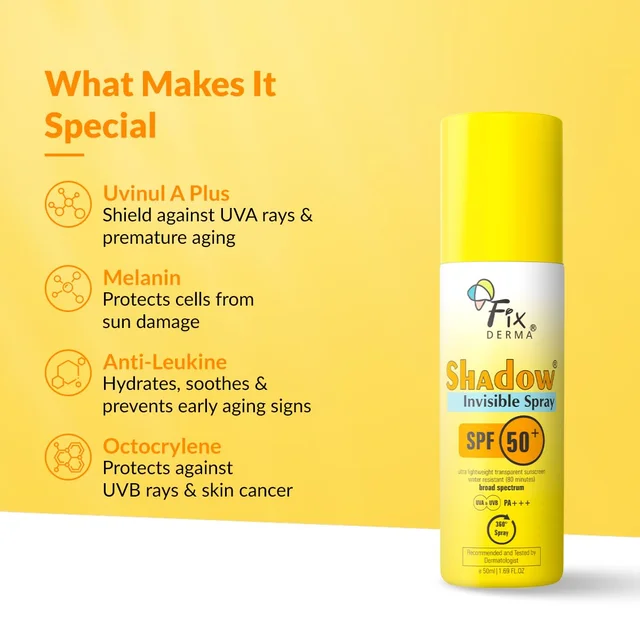 Fixderma Shadow SPF 50+ PA+++ Invisible Spray Sunscreen 50ml| Ultra Lightweight Transparent Fluid Spray | Broad Spectrum UVA & UVB Protection | Water Resistant Body Sunscreen