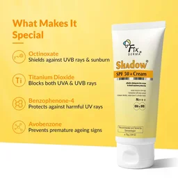 Fixderma Shadow Sunscreen SPF 50+ PA+++ Cream 75gm For BodyFace for Men & Women | Broad Spectrum UVA & UVB Protection | Non Greasy & Water Resistant Sunscreen for Dry Skin