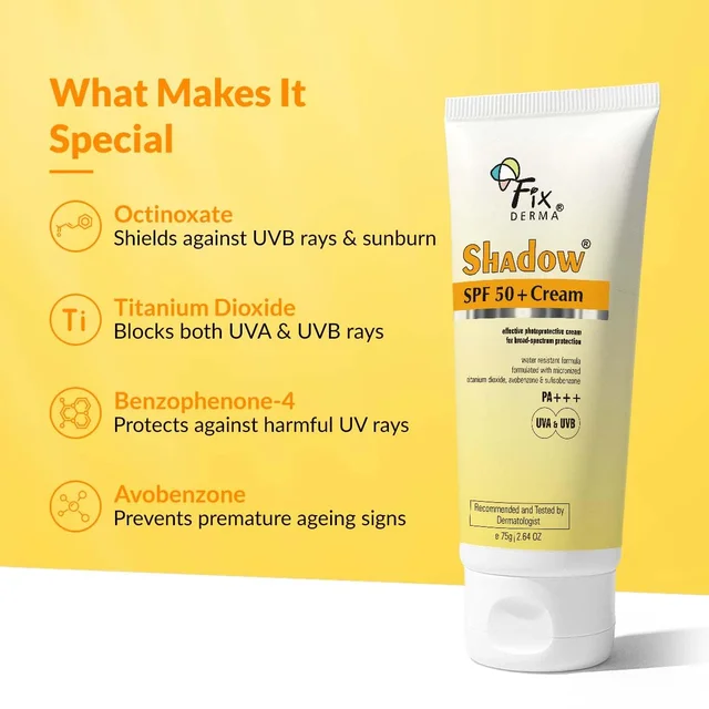 Fixderma Shadow Sunscreen SPF 50+ PA+++ Cream 75gm For BodyFace for Men & Women | Broad Spectrum UVA & UVB Protection | Non Greasy & Water Resistant Sunscreen for Dry Skin