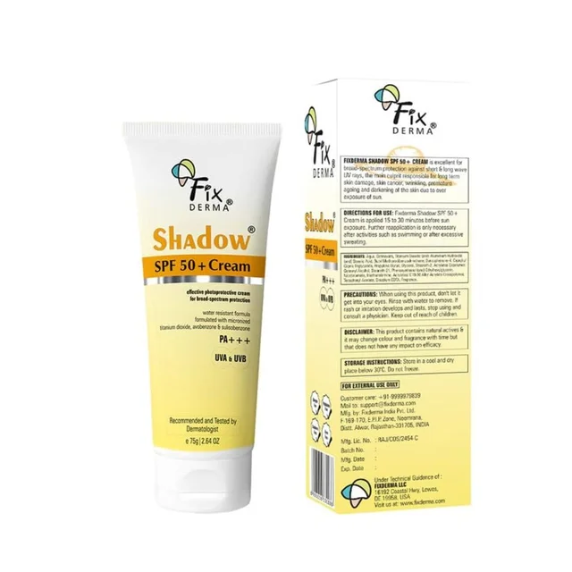 Fixderma Shadow Sunscreen SPF 50+ PA+++ Cream 75gm For BodyFace for Men & Women | Broad Spectrum UVA & UVB Protection | Non Greasy & Water Resistant Sunscreen for Dry Skin