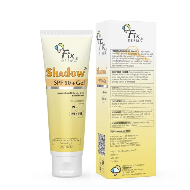 Fixderma Shadow Sunscreen SPF 50+ PA+++ Gel 75g Unisex | Lightweight, Non-Sticky, No White Cast Sunscreen for Oily, Acne Prone & Normal Skin | Broad Spectrum UVA UVB Protection