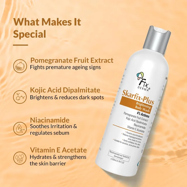 Fixderma Skarfix Plus Brightening Body Wash 200ml with 4% Actives (Kojic Acid, Niacinamide & Vitamin E) | Brightening Shower Gel for Hyperpigmentation, Acne Marks & Uneven Skin Tone