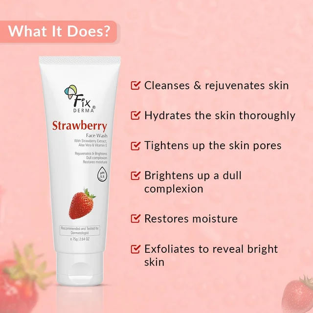 Fixderma Strawberry Face Wash 75g for men & women with Vitamin E & Strawberry Extract | Deep Cleansing Face Wash for Oily & All Skin Types | Refreshing, Hydrating & Gentle Cleanser