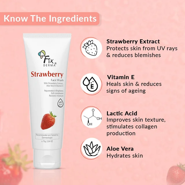 Fixderma Strawberry Face Wash 75g for men & women with Vitamin E & Strawberry Extract | Deep Cleansing Face Wash for Oily & All Skin Types | Refreshing, Hydrating & Gentle Cleanser