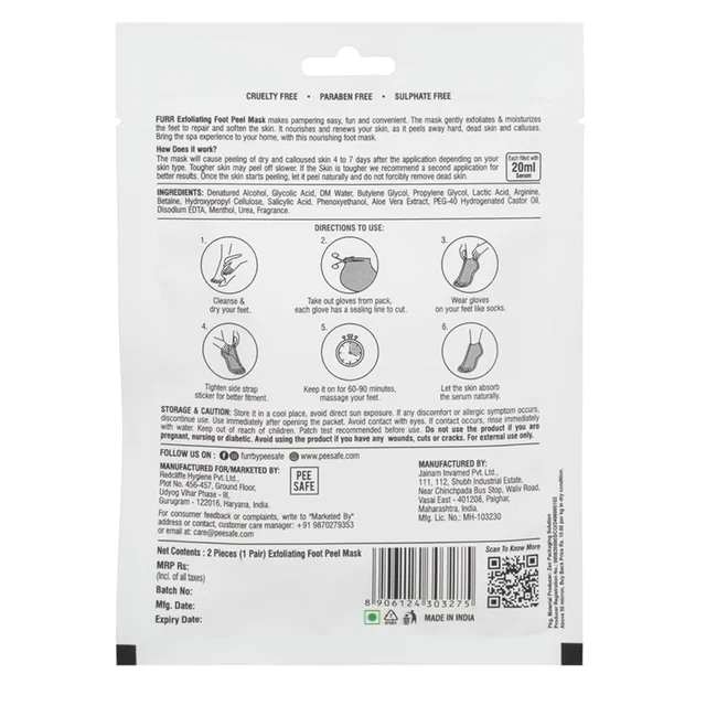 Furr by Pee Safe Peeling & Exfoliating Foot Mask for Unisex use| Glycolic & Salicylic Acid | Reduces Dry Skin & Hard Calluses | Moisturizes & Hydrates Feet | Nourishing Sock-Style Foot Mask
