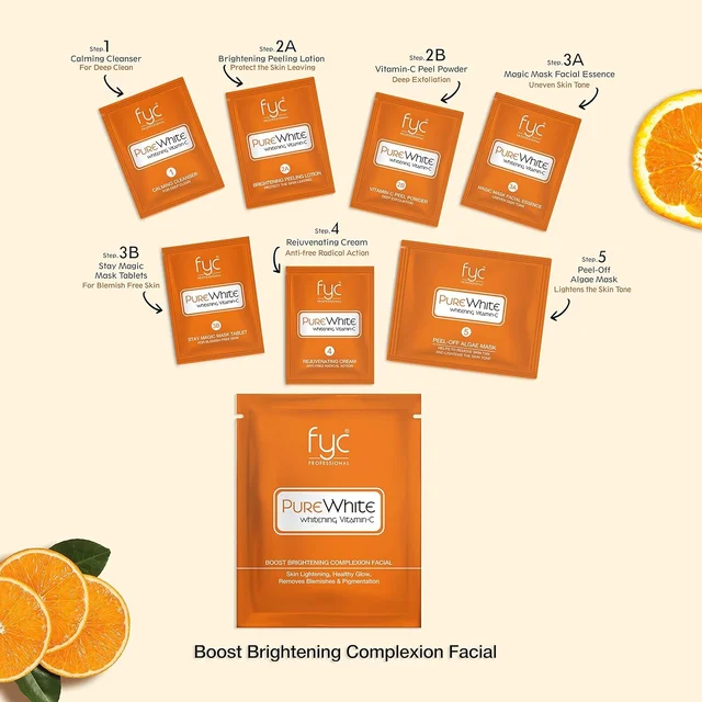 Fyc Professional Pure White Vitamin C Facial Kit 95g| 5-Step Brightening & Hydrating Facial Treatment | Glowing, Radiant & Even-Toned Skin | Salon-Quality Facial for All Skin Types | Vitamin-C Boost