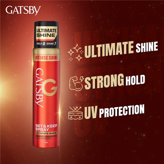 Gatsby Set & Keep Hair Spray Ultimate Shine, 250ml | Maximum Hold & Luminous Finish | UV Protection & Non-Sticky | Residue-Free Styling | Long-Lasting & Dermatologically Tested | Compact Size