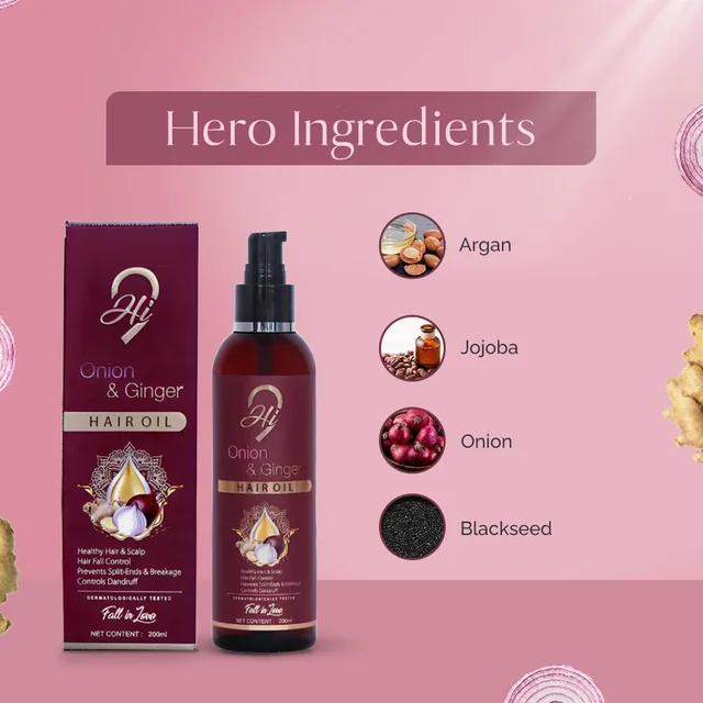 Hi9 Onion & Ginger Hair Oil 200ml | Strengthen & Nourish Hair | Onion & Ginger for Healthy Hair Growth | Repair & Revitalize Hair