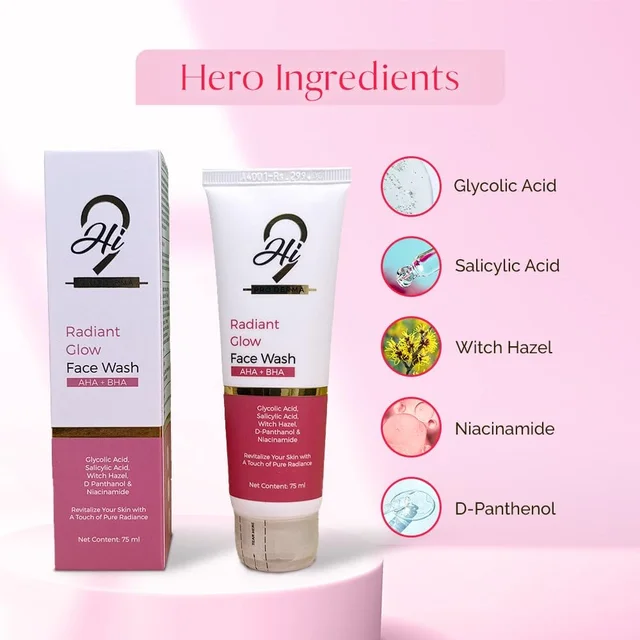 Hi9 Radiant Glow Face Wash with AHA + BHA | Brighten & Exfoliate Your Skin | Get Smooth, Glowing Skin | Suitable for Acne-Prone Skin | Radiant Glow | Chemical Free Formula | 75ml