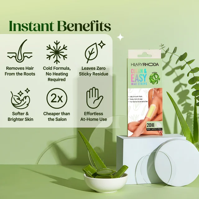 Hilary Rhoda Matte Hilary Rhoda Clean & Easy Wax Strips with Aloe Vera | Effortless & Quick Hair Removal | Soothes & Hydrates Skin | Salon-Smooth Results | Zero Fuss, No-Mess Waxing at Home