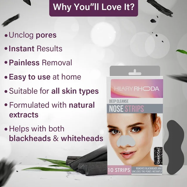 Hilary Rhoda Deep Cleanse Nose Strips (10 Strips) with Activated Rose Formula | Removes Blackheads | Dirt & Oil for Smooth | Clean & Refined Skin.