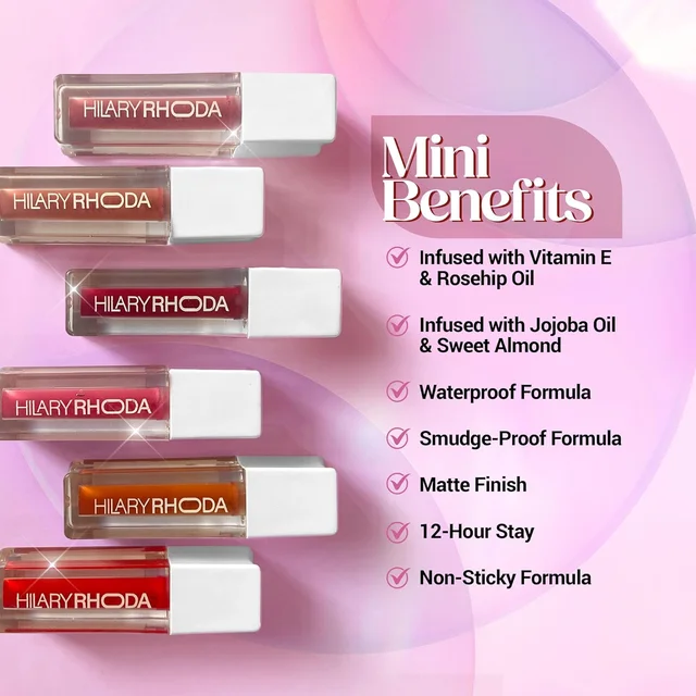 Hilary Rhoda Matte Minis Lipstick Set of 6 | Vitamin E, Jojoba & Rosehip Oil Infused | 12-Hour Stay | Waterproof, Smudge-Proof, Non-Sticky Lightweight Matte Lipsticks
