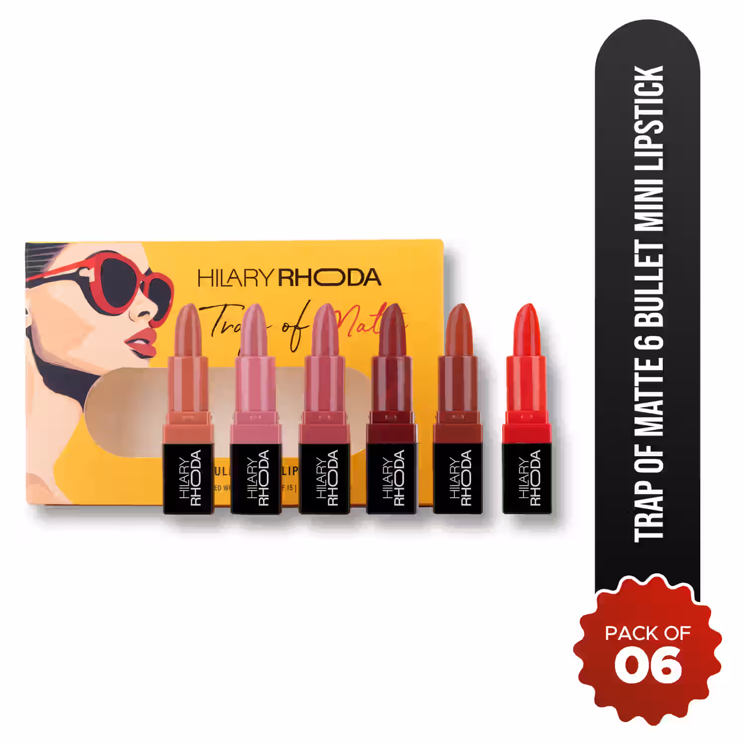 Hilary Rhoda Trap Of Matte 6 Mini Bullet Lipsticks 1.5g Each | SPF 15 Protection | Long-Lasting Matte Finish | Highly Pigmented Shades | Travel-Friendly Combo | Paraben-Free