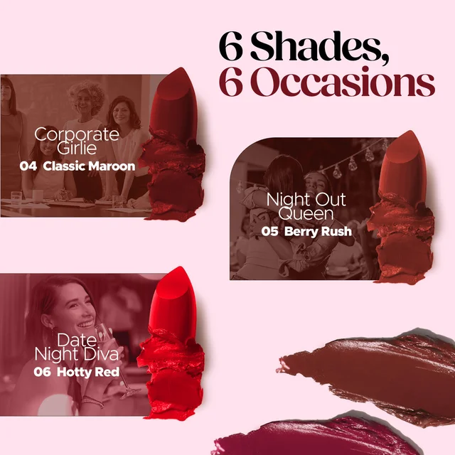 Hilary Rhoda Trap Of Matte 6 Mini Bullet Lipsticks 1.5g Each | SPF 15 Protection | Long-Lasting Matte Finish | Highly Pigmented Shades | Travel-Friendly Combo | Paraben-Free