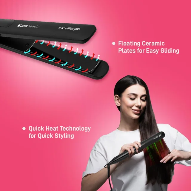 Ikonic Black Beauty Hair Straightener for Women | Ceramic Coated Floating Plates | Instant Heat Up, Handle Lock | Super Slim, Lightweight & Travel Friendly