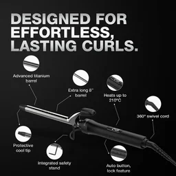 Ikonic Curling Tong 16mm Hair Curler | 8 Inch Titanium Barrel | Heat Ready Indicator, Rubber Grip, Safety Stand & Swivel Cord | Salon-Like Finish
