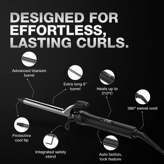 Ikonic Curling Tong 16mm Hair Curler | 8 Inch Titanium Barrel | Heat Ready Indicator, Rubber Grip, Safety Stand & Swivel Cord | Salon-Like Finish